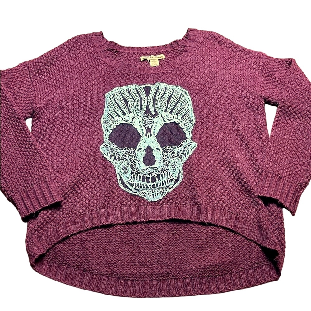 Love By Design Maroon Knit Sweater Applique Lace Skull High Low M Whimsigoth